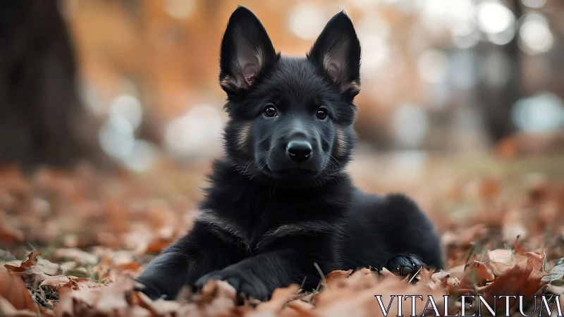 Autumn forest portrait of fluffy black shepherd puppy.
