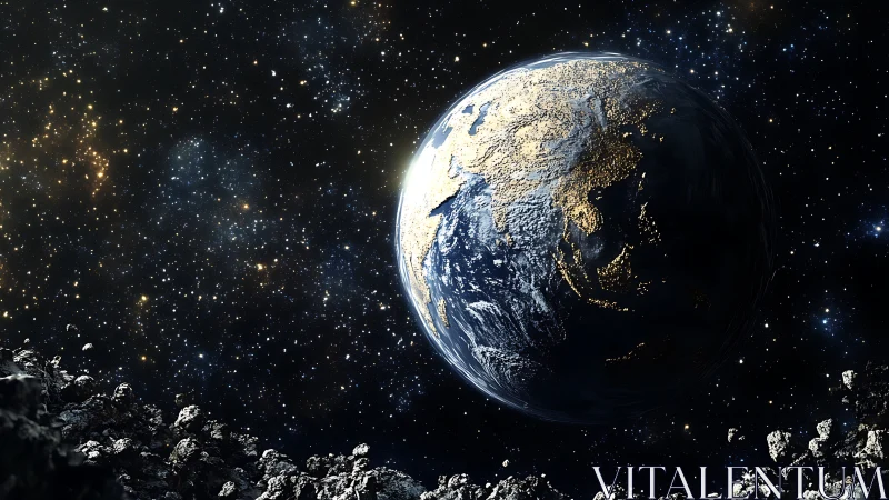 Earthlit horizons from a quiet, rocky cosmic overlook.