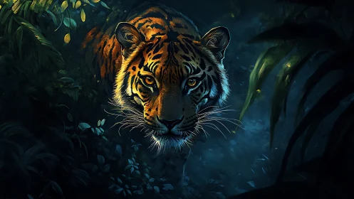 Digital painting of a stalking tiger in chiaroscuro jungle light.