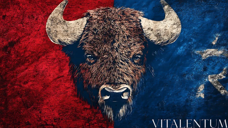 Textured bison portrait on split red blue distressed ground