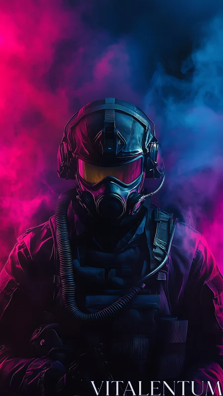 Tactical soldier in gas mask stands amid neon smoke clouds