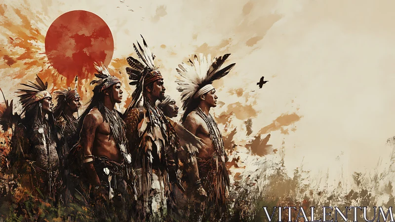 Group of Indigenous warriors under blazing red sun.