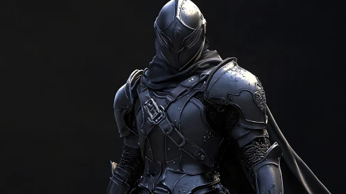 Armored figure in dark full plate stands against black
