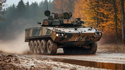 Armored 8x8 military vehicle moves along muddy forest road