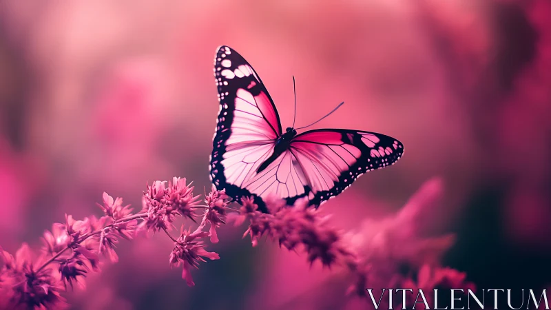 Butterfly rests on pink flower branch in shallow depth of field