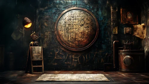 Steampunk alchemy chamber with large circular arcane map.