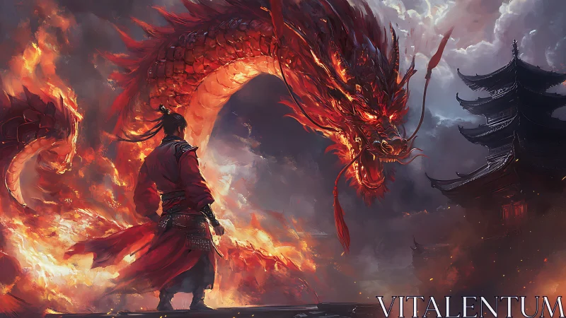 Flaming dragon confrontation in dynamic fantasy digital painting.