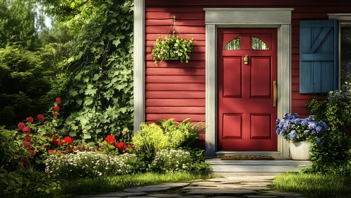 Red cottage entry with lush garden foliage and summer light.