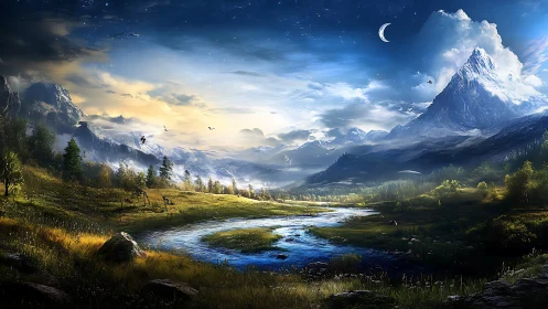 Moonlit river curling through dream-bright alpine valley.