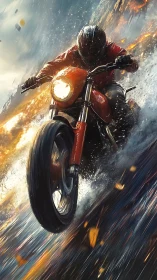 Fearless rider charging through rain, sparks, and rushing water.