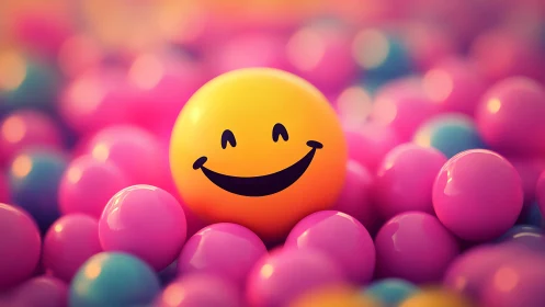 Smiling yellow ball amid pink pastel spheres in soft focus.