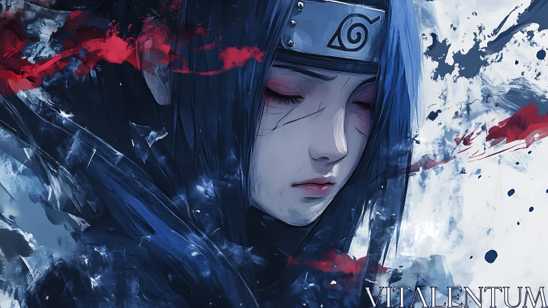 Blue haired shinobi portrait with abstract splatter background.