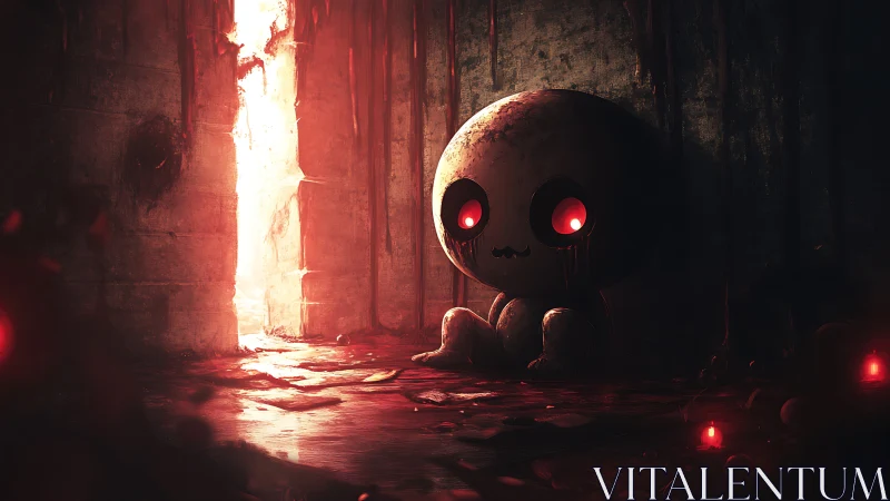 Chibi skull creature in bloodlit concrete corridor, red glow