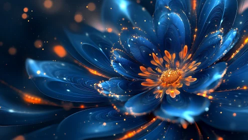 Digital macro view of luminous blue and orange flower form.