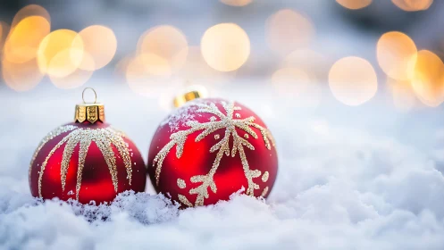 Crimson Christmas baubles rest softly in sparkling winter snow