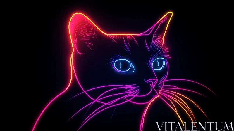 Neon outline portrait of cat in vibrant gradient light.