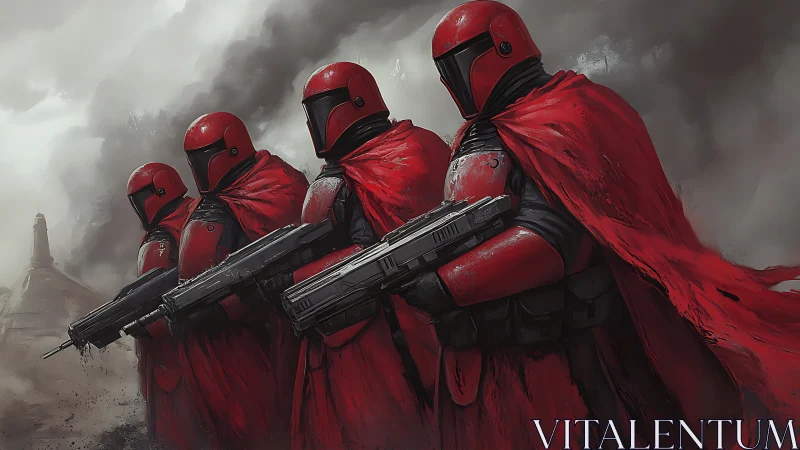 Crimson vanguard marches through ash and iron skies.