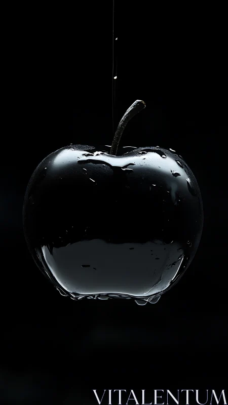 Glossy black apple coated with liquid against dark background