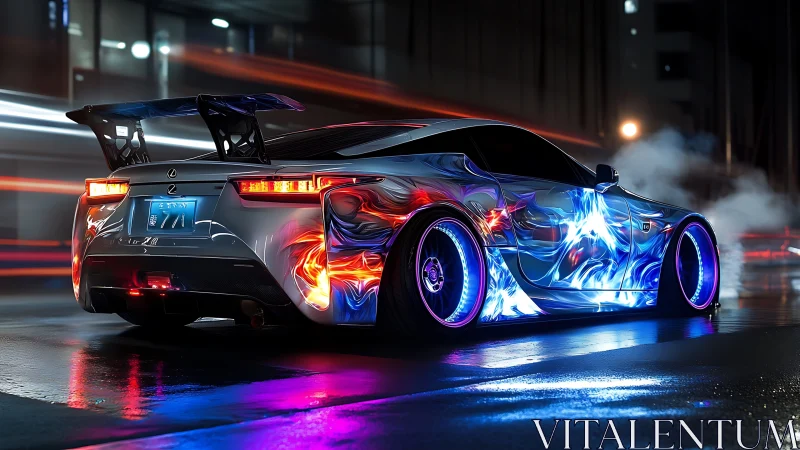 Neon-lit tuner coupe with dynamic LED body graphics accelerates at night