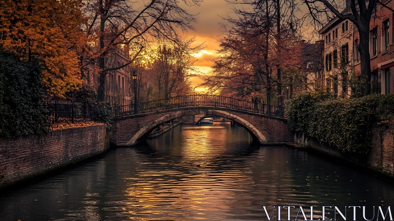 Golden hour over autumn canal bridge in historic city.