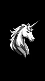 Monochrome unicorn crest blazing against midnight black void.