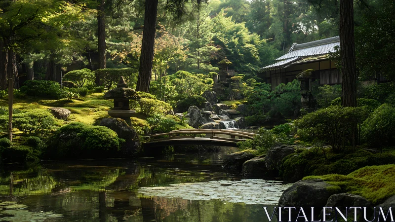 Photorealistic Japanese moss garden stream with timber bridge