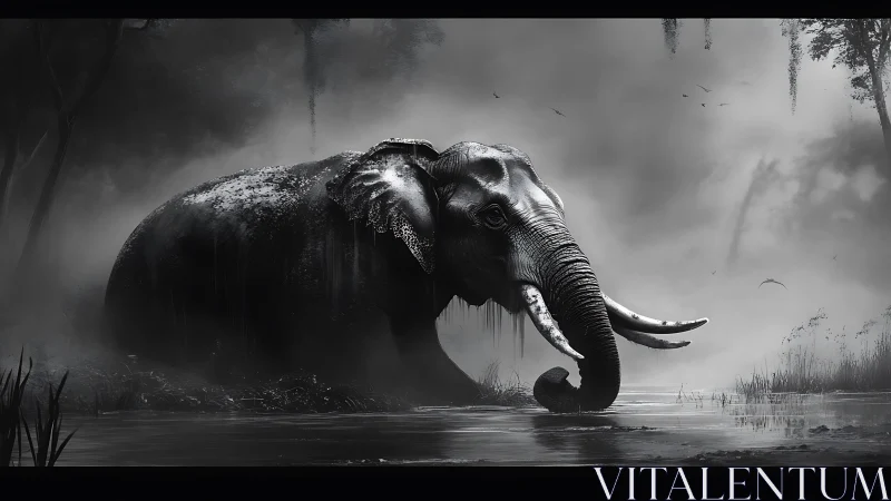 Monochrome elephant standing in shallow misted wetland scene.