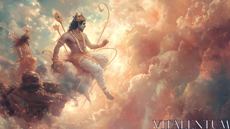 Divine warriors stride through radiant celestial clouds.