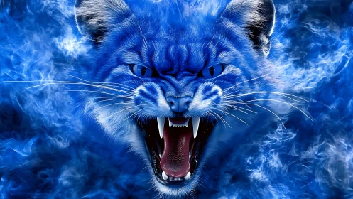 Blue snarling feline head emerges from swirling smoke