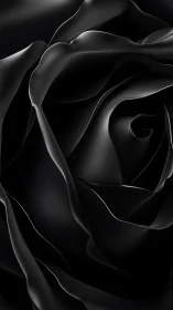 Macro-rendered black rose petals show glossy curvature and tight spiral