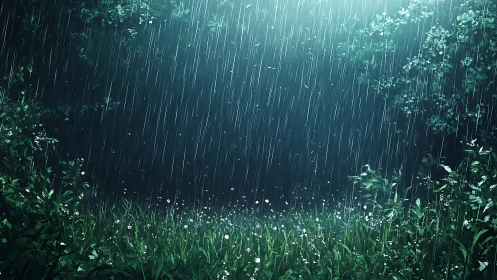 Rain Storm Through Verdant Meadow: Atmospheric Digital Composition.