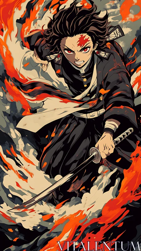 Flame-charged swordsman tears forward through molten wind