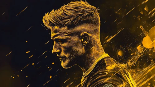 Golden sprint of a focused footballer in blazing motion.