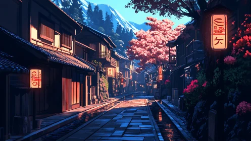 Twilight-lit traditional Japanese street with cherry blossoms