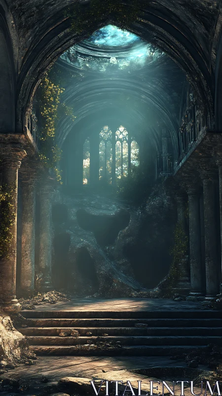 Sunlit ruins inside vaulted stone cathedral hall.