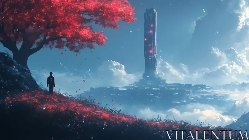 Solitary wanderer before luminous floating megastructure.