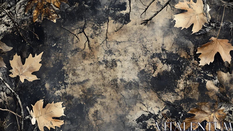 Dry fallen leaves on cracked dark earth background.