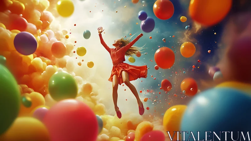 Joyful girl suspended in midair among vivid floating balloons