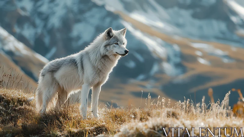 White wolf stands alert on alpine ridge in cold light.