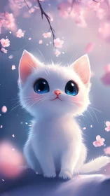 Ethereal White Kitten with Luminous Eyes Amid Cherry Blossoms