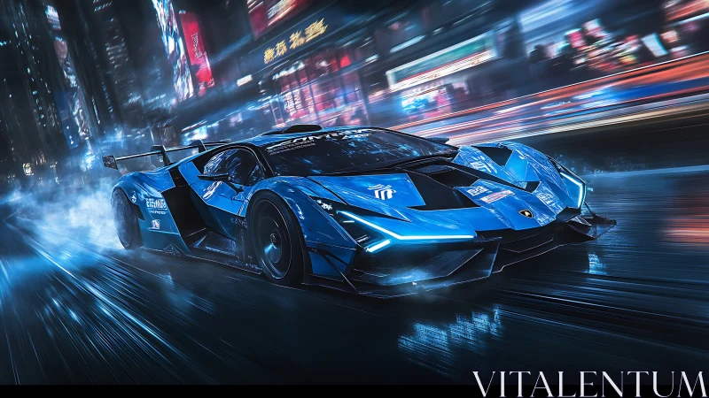 Blue supercar rockets through neon city streets at night