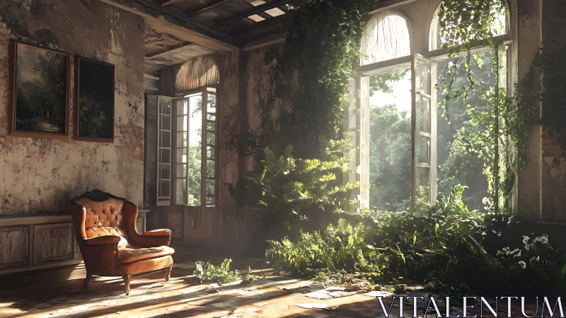 Sunlit abandoned room invites nature back into quiet comfort