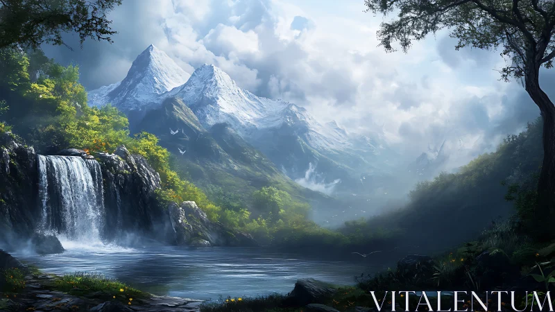 Snowy mountain range rises above forested valley waterfall