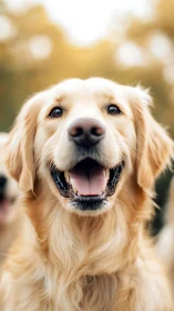 Golden retriever close-up portrait outdoors at sunset.