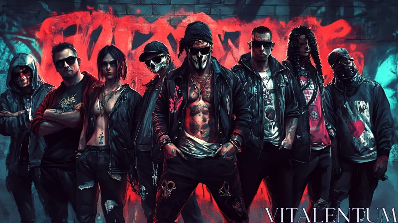 Street gang stands united before neon graffiti wall in defiance