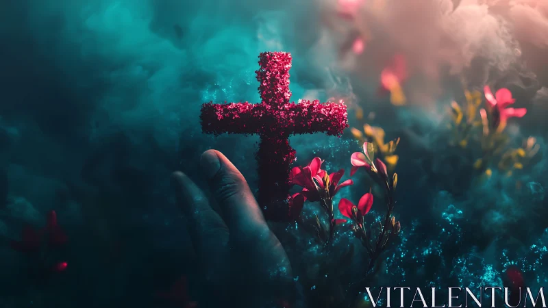 Glowing floral cross rises from misty teal spiritual garden