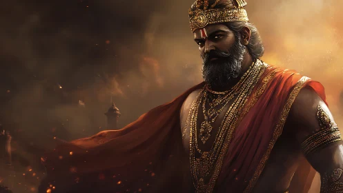 Regal warrior king in ember-filled atmospheric tableau.