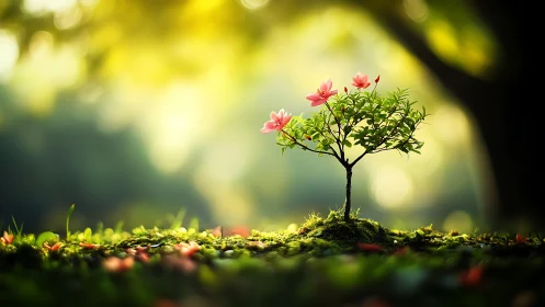 Tiny blossom tree guarding a mossy dreamland meadow.