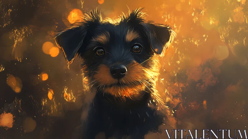 Digital portrait depicts small dark dog in warm rim lighting