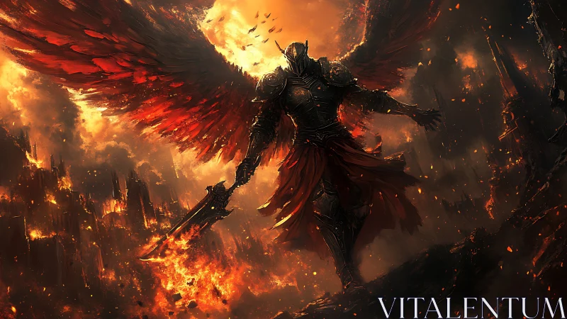 Armored fallen angel descends in a burning apocalyptic sky